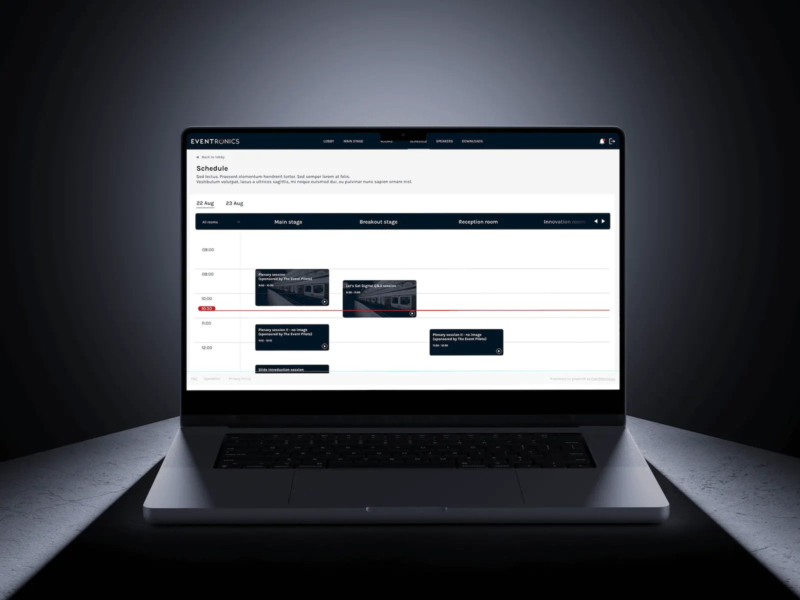 The Poweron.Live session overview open on a laptop in a dark studio